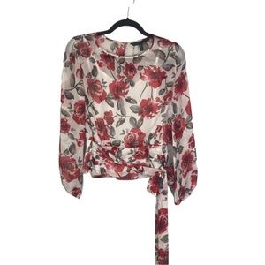 White House Black Market Red and White Rose Blouse with Tie